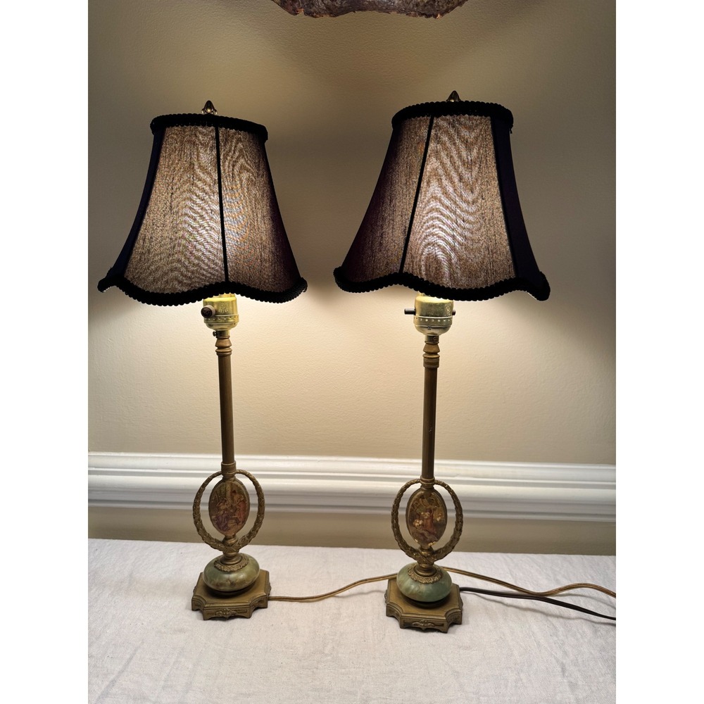 Vintage Hollywood Regency Brass Onyx Buffet Lamps Pair Fragonard Style w Shade